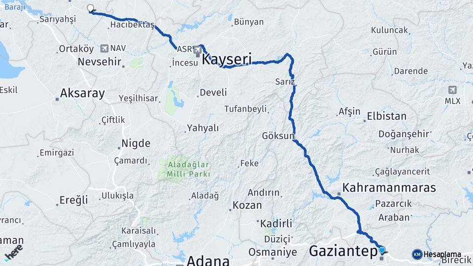 Gaziantep Mucur Kırşehir Arası Kaç Km - Yol Haritası