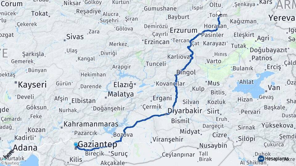 Gaziantep Narman Erzurum Arası Kaç Km - Yol Haritası