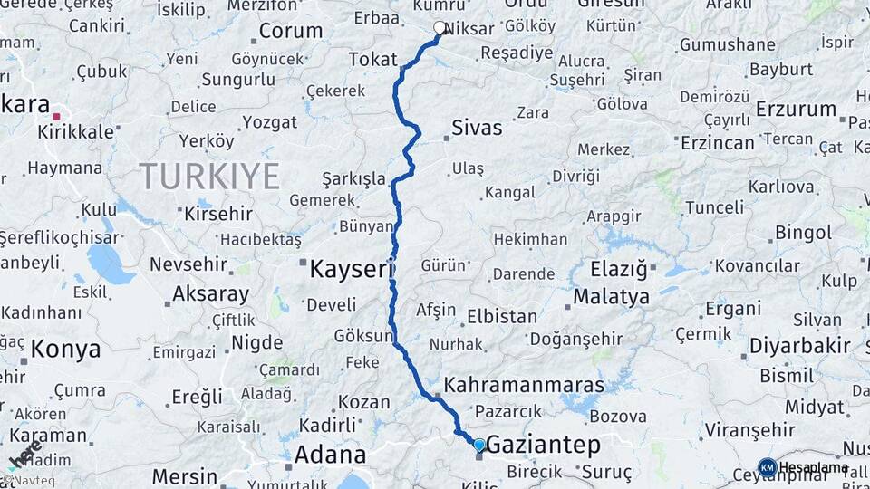 Gaziantep Niksar Tokat Arası Kaç Km - Yol Haritası