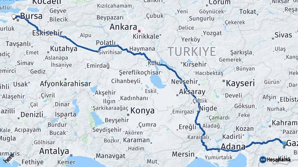 Gaziantep Nilüfer Bursa Arası Kaç Km - Yol Haritası