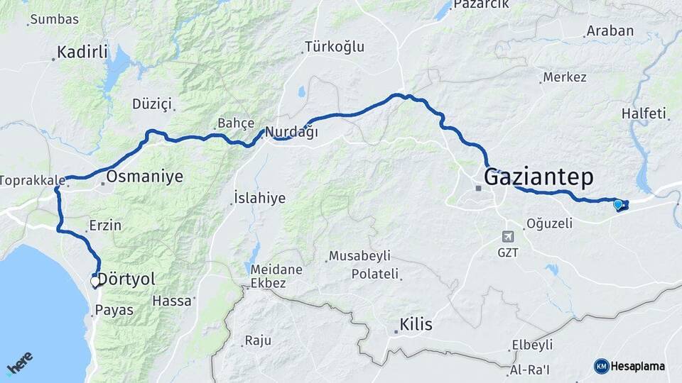 Gaziantep Nizip Dörtyol Hatay Arası Kaç Km - Yol Haritası