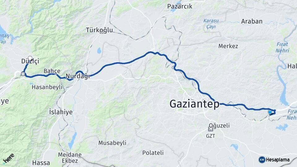Gaziantep Nizip Düziçi Osmaniye Arası Kaç Km - Yol Haritası