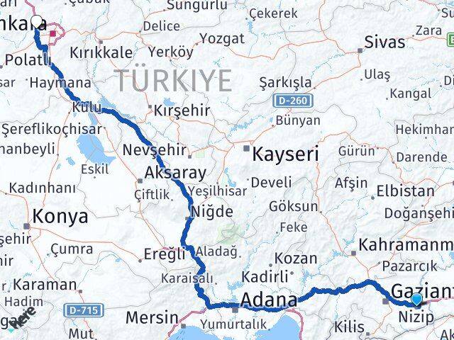 Gaziantep Nizip Eryaman Etimesgut Ankara Arası Kaç Km - Yol Haritası