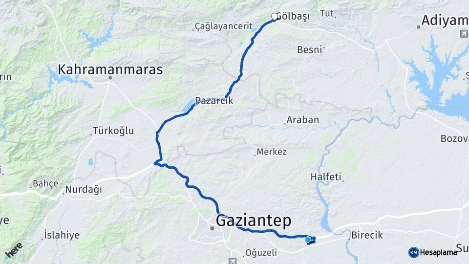 Gaziantep Nizip Gölbaşı Adıyaman Arası Kaç Km - Yol Haritası