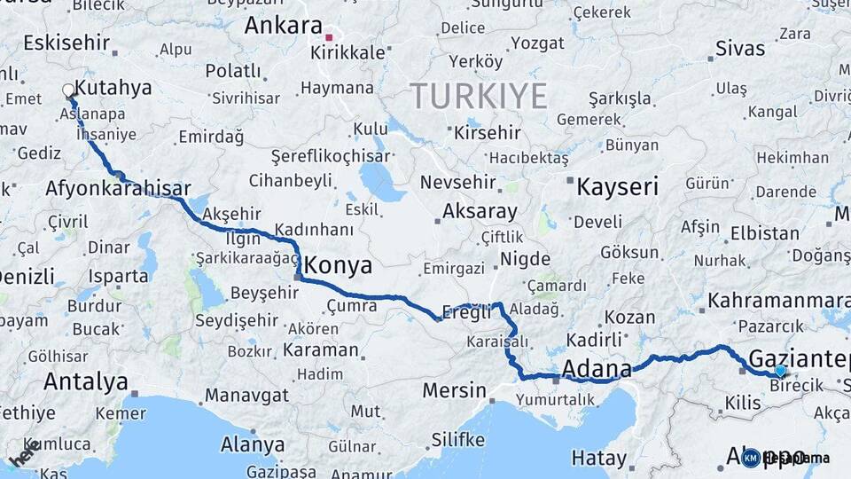 Gaziantep Nizip Kütahya Arası Kaç Km - Yol Haritası