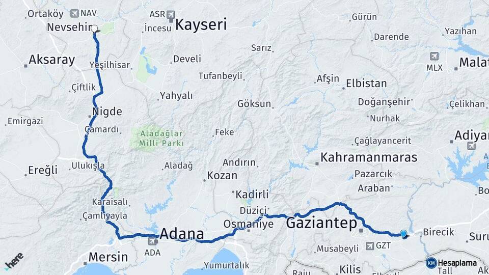 Gaziantep Nizip Nevşehir Arası Kaç Km - Yol Haritası