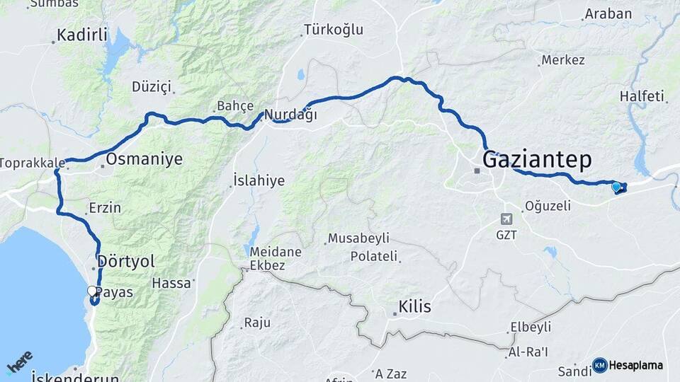 Gaziantep Nizip Payas Hatay Arası Kaç Km - Yol Haritası
