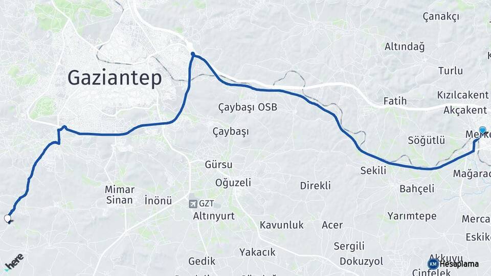 Gaziantep Nizip Şahinbey Arası Kaç Km - Yol Haritası