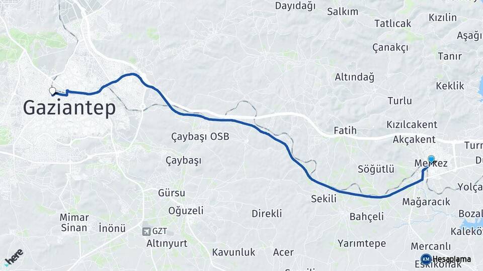 Gaziantep Nizip Şehitkamil Arası Kaç Km - Yol Haritası