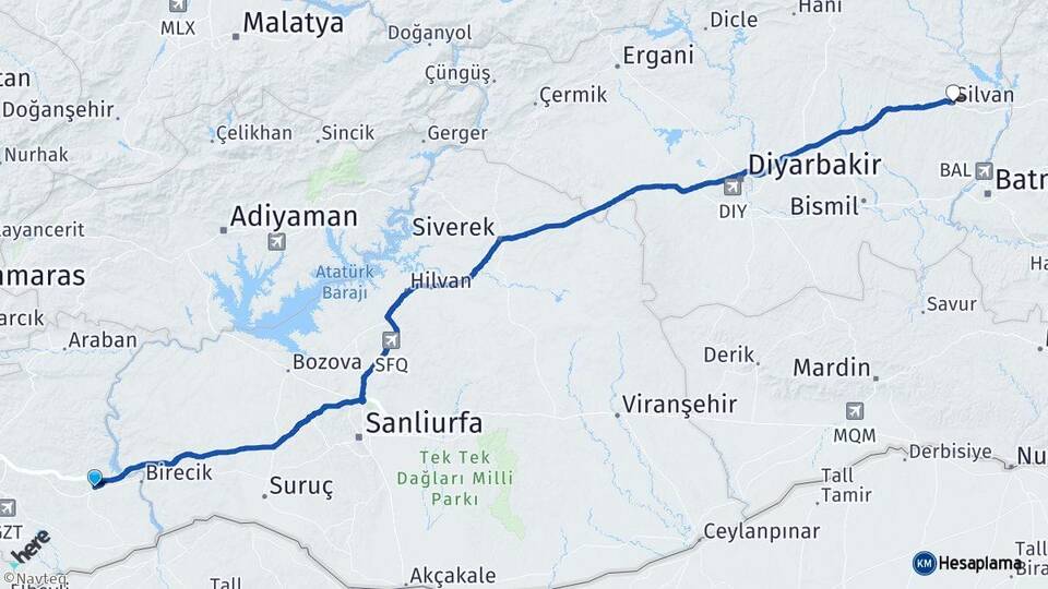 Gaziantep Nizip Silvan Diyarbakır Arası Kaç Km - Yol Haritası
