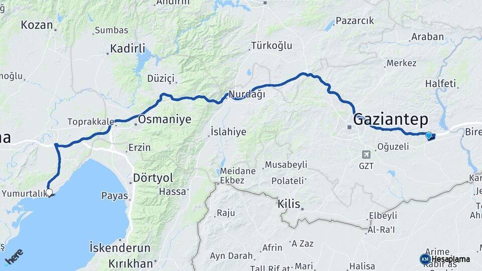 Gaziantep Nizip Yumurtalık Adana Arası Kaç Km - Yol Haritası