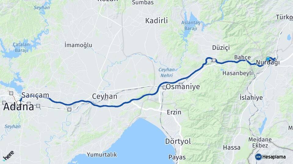 Gaziantep Nurdağı Adana Arası Kaç Km - Yol Haritası