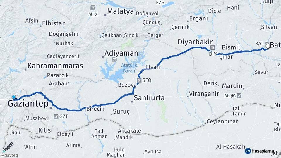 Gaziantep Nurdağı Batman Arası Kaç Km - Yol Haritası