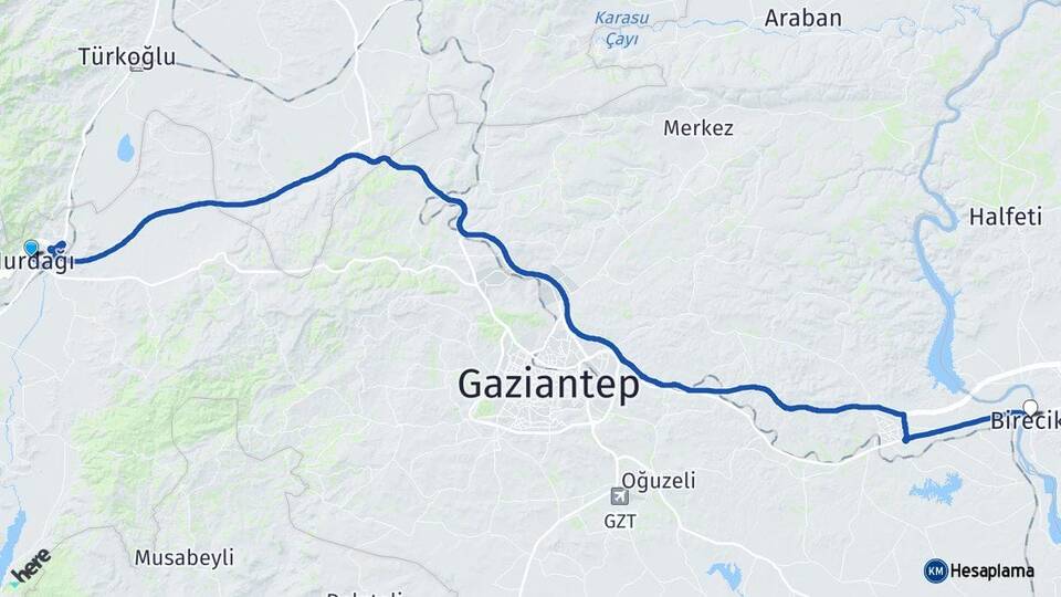 Gaziantep Nurdağı Birecik Şanlıurfa Arası Kaç Km - Yol Haritası