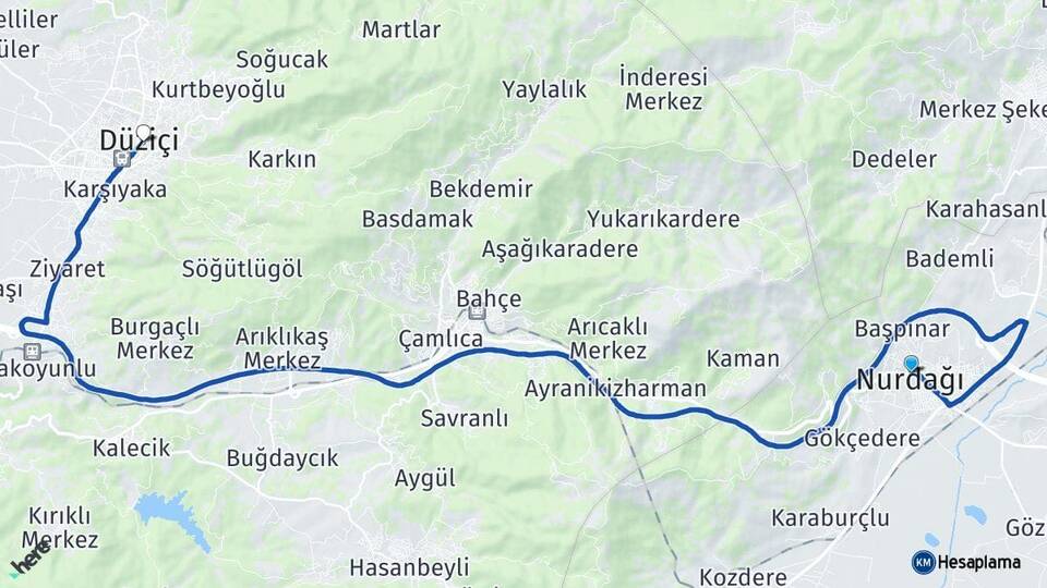 Gaziantep Nurdağı Düziçi Osmaniye Arası Kaç Km - Yol Haritası