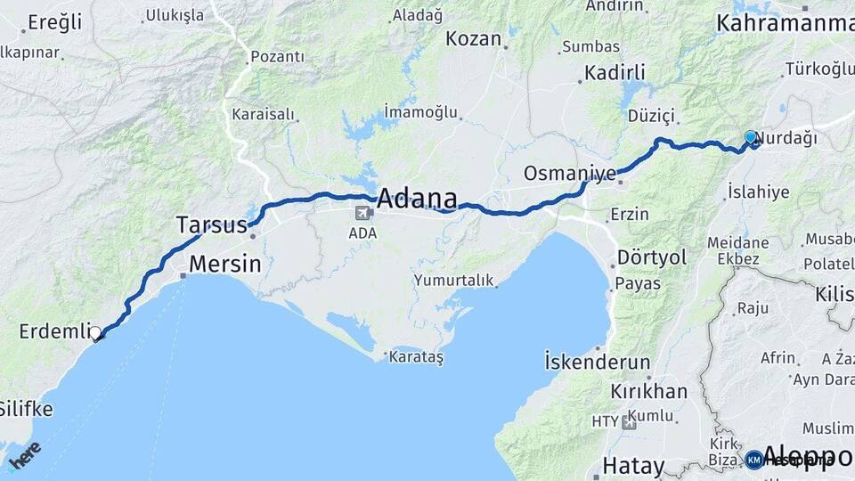 Gaziantep Nurdağı Erdemli Mersin Arası Kaç Km - Yol Haritası