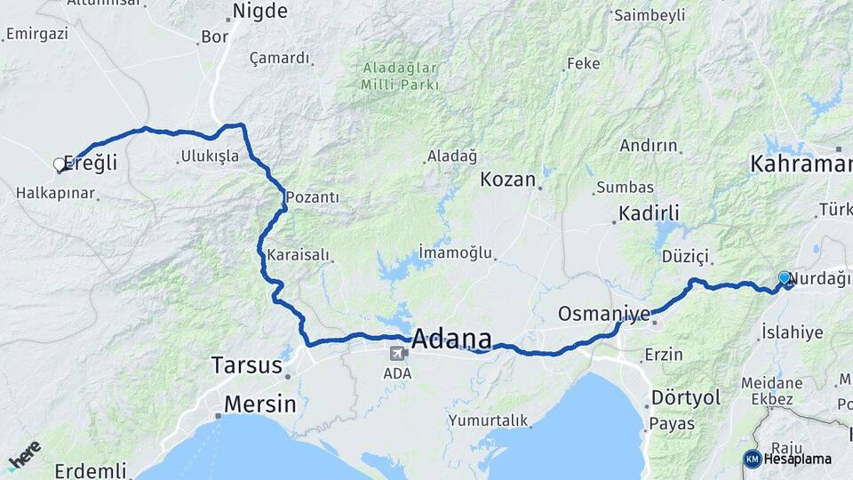 Gaziantep Nurdağı Ereğli Konya Arası Kaç Km - Yol Haritası
