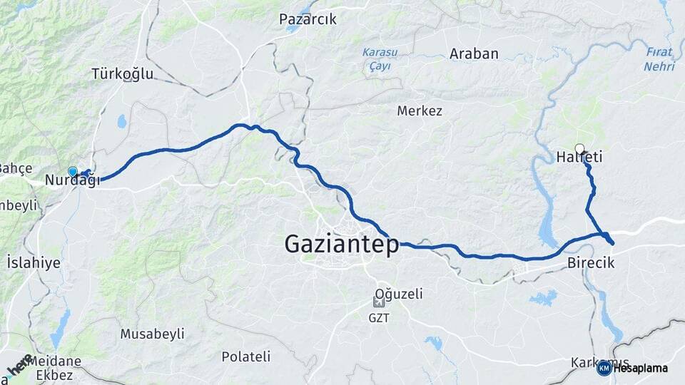 Gaziantep Nurdağı Halfeti Şanlıurfa Arası Kaç Km - Yol Haritası