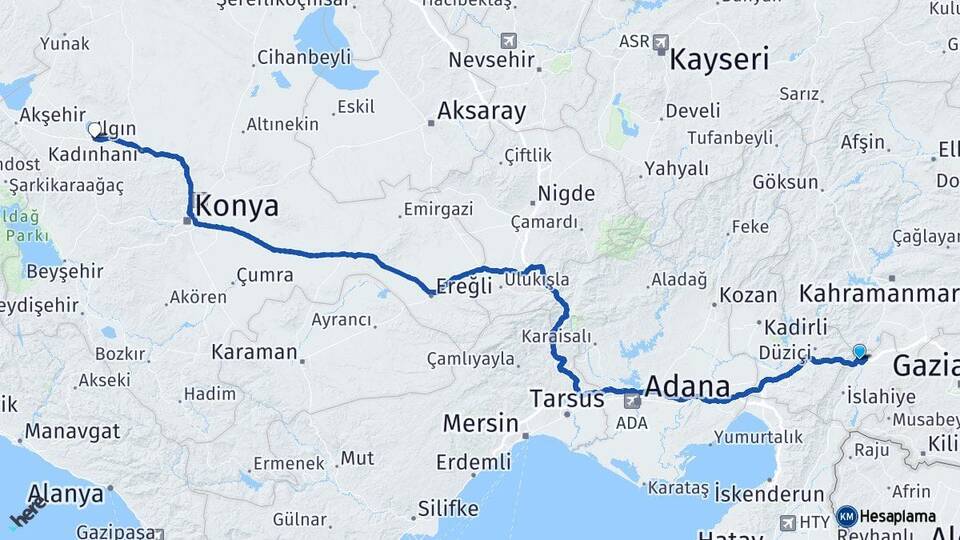 Gaziantep Nurdağı Ilgın Konya Arası Kaç Km - Yol Haritası