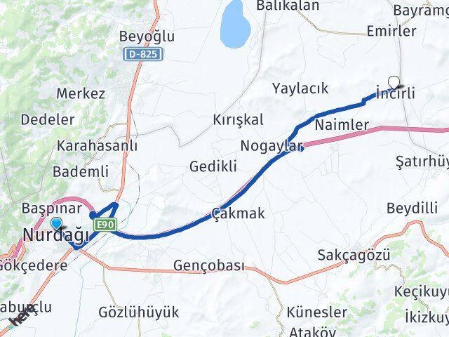 Gaziantep Nurdağı İncirli Nurdağı Arası Kaç Km - Yol Haritası