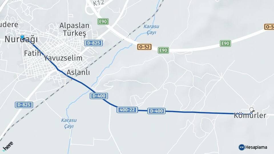 Gaziantep Nurdağı Kömürler Nurdağı Arası Kaç Km - Yol Haritası