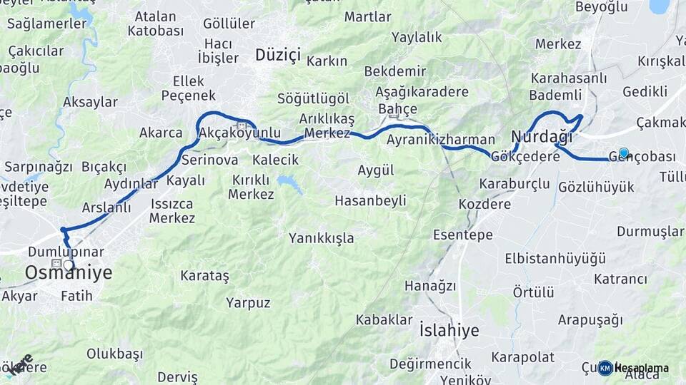 Gaziantep Nurdağı Kömürler Osmaniye Arası Kaç Km - Yol Haritası