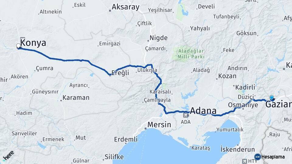 Gaziantep Nurdağı Konya Arası Kaç Km - Yol Haritası