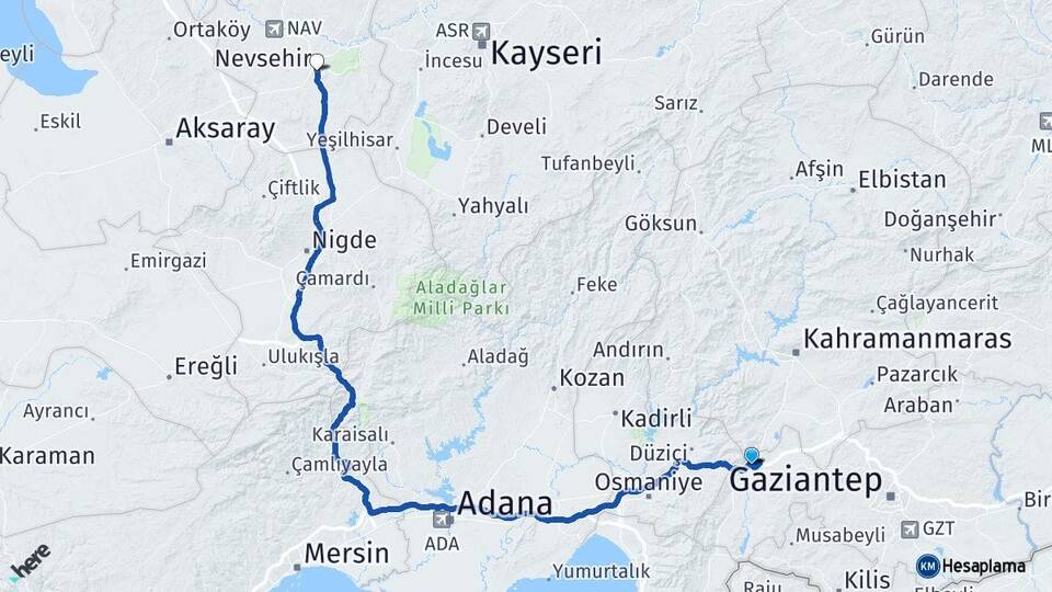 Gaziantep Nurdağı Nevşehir Arası Kaç Km - Yol Haritası
