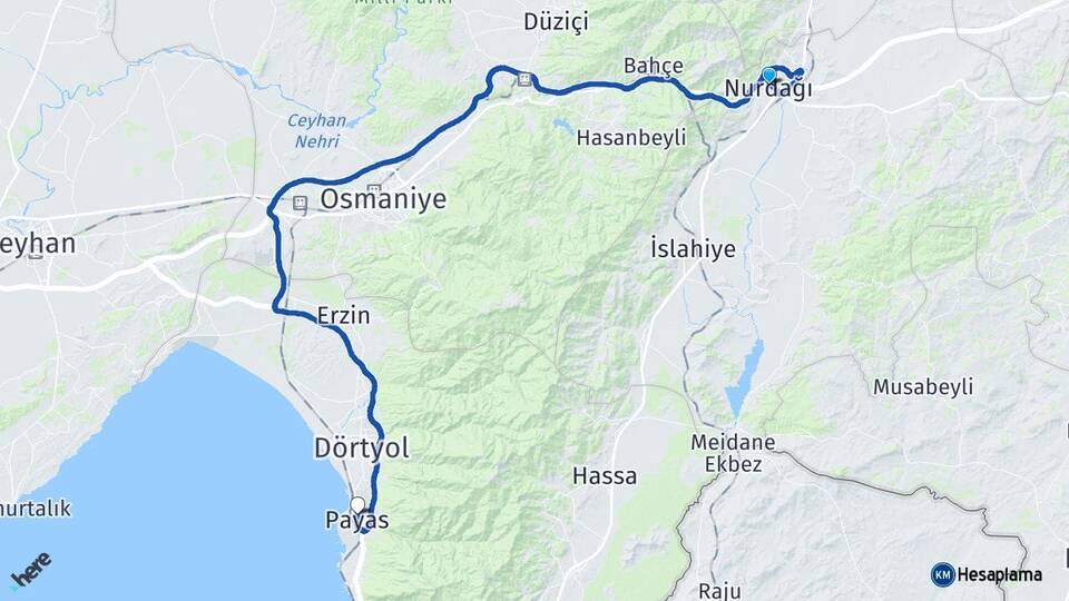 Gaziantep Nurdağı Payas Hatay Arası Kaç Km - Yol Haritası