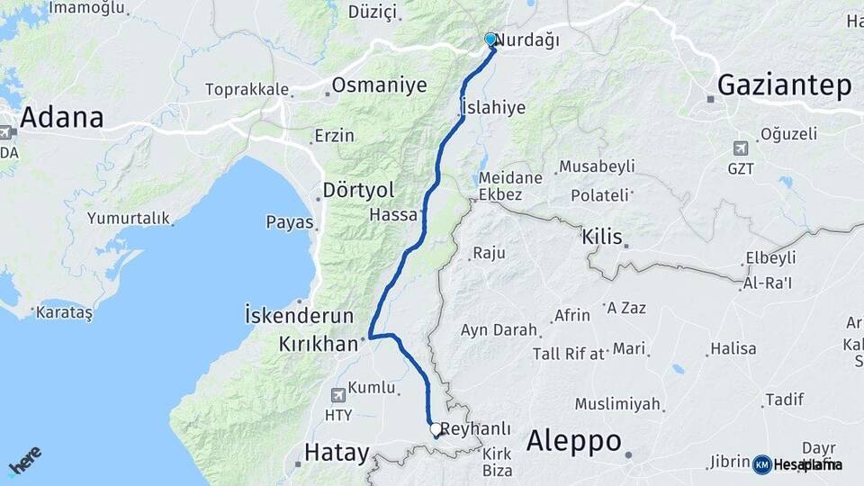 Gaziantep Nurdağı Reyhanlı Hatay Arası Kaç Km - Yol Haritası