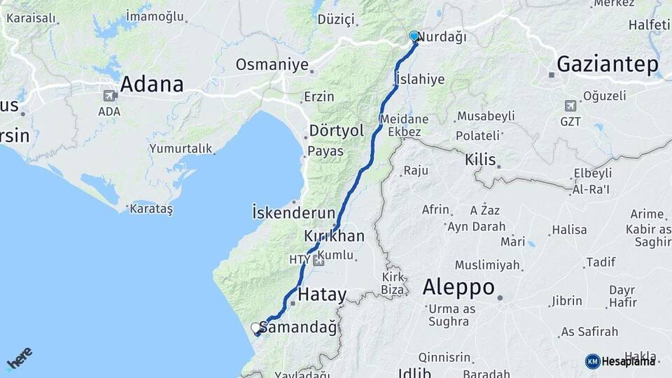 Gaziantep Nurdağı Samandağ Hatay Arası Kaç Km - Yol Haritası