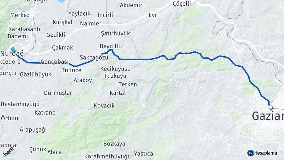 Gaziantep Nurdağı Şehitkamil Arası Kaç Km - Yol Haritası