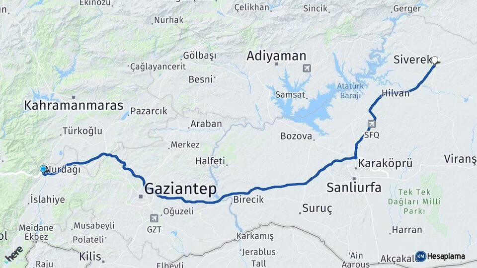 Gaziantep Nurdağı Siverek Şanlıurfa Arası Kaç Km - Yol Haritası