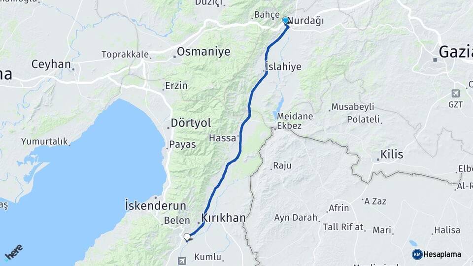 Gaziantep Nurdağı Topboğazı Kırıkhan Hatay Arası Kaç Km - Yol Haritası