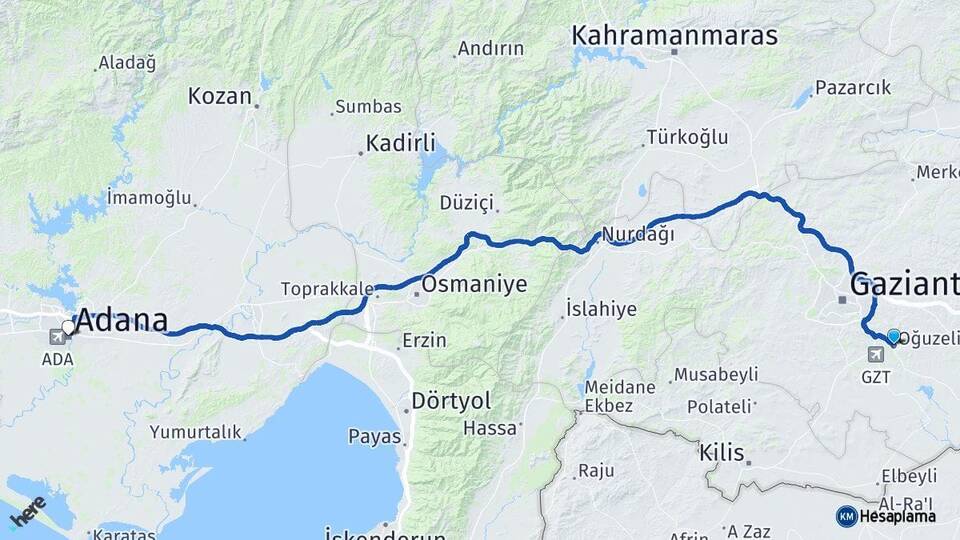 Gaziantep Oğuzeli Adana Arası Kaç Km - Yol Haritası