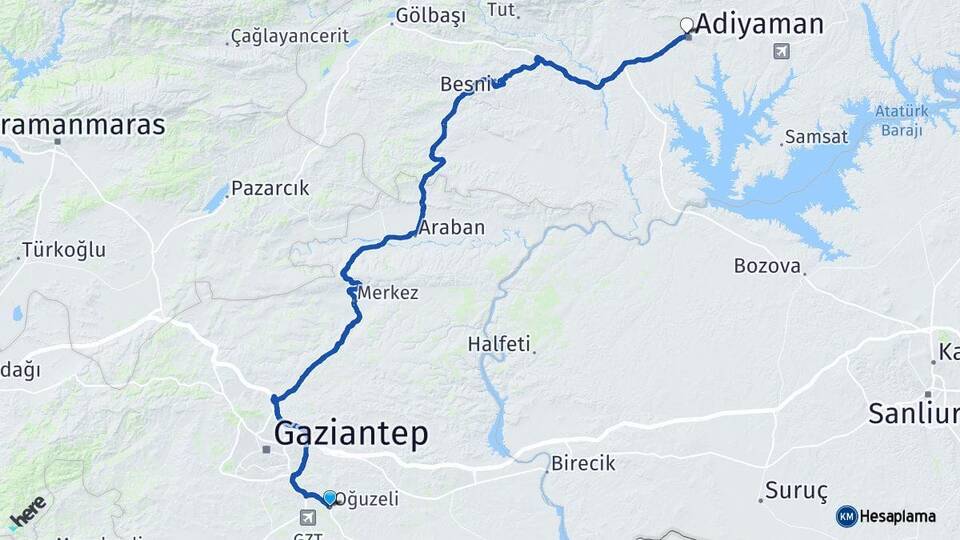 Gaziantep Oğuzeli Adıyaman Arası Kaç Km - Yol Haritası