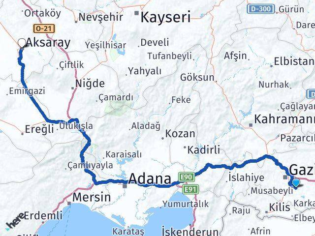 Gaziantep Oğuzeli Aksaray Arası Kaç Km - Yol Haritası