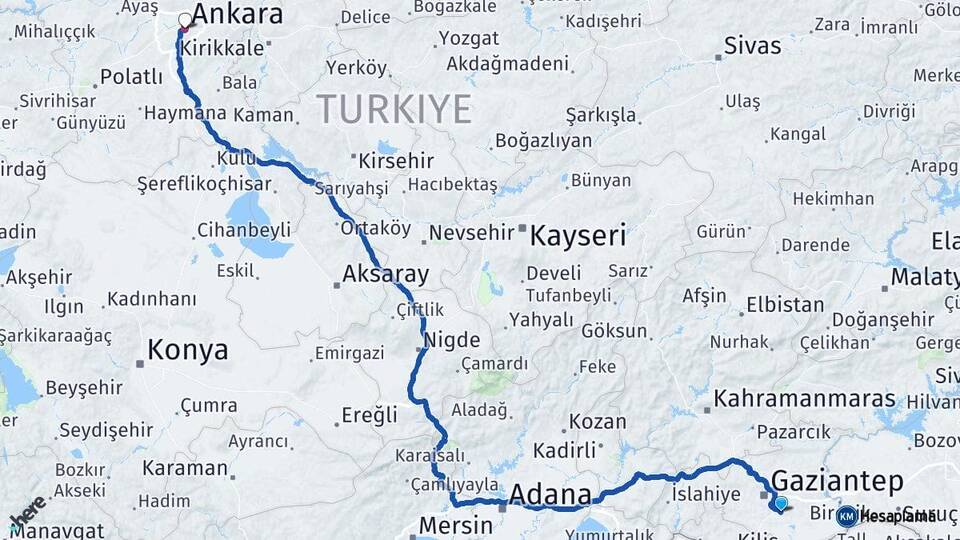Gaziantep Oğuzeli Ankara Arası Kaç Km - Yol Haritası