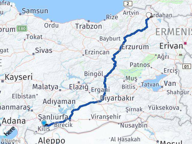 Gaziantep Oğuzeli Ardahan Arası Kaç Km - Yol Haritası
