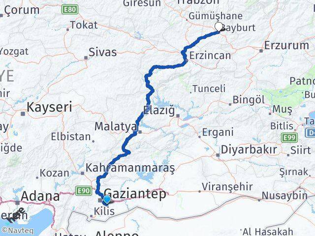 Gaziantep Oğuzeli Bayburt Arası Kaç Km - Yol Haritası