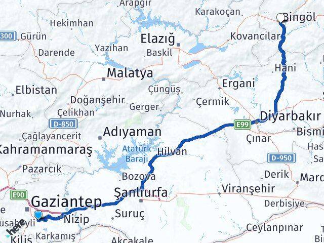 Gaziantep Oğuzeli Bingöl Arası Kaç Km - Yol Haritası