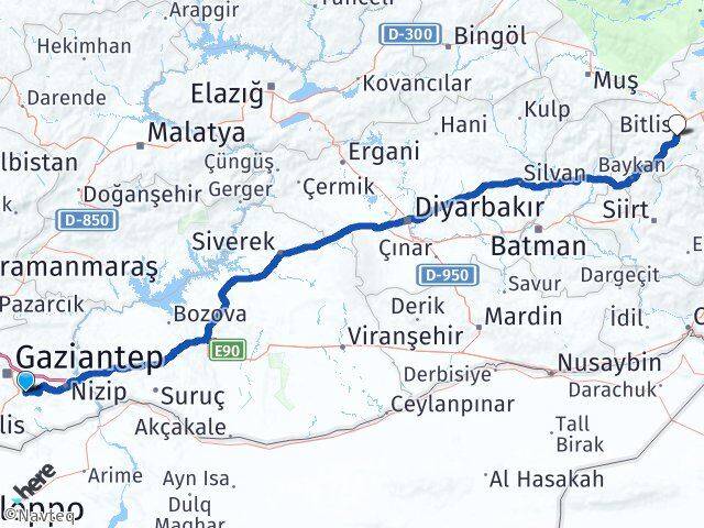 Gaziantep Oğuzeli Bitlis Arası Kaç Km - Yol Haritası
