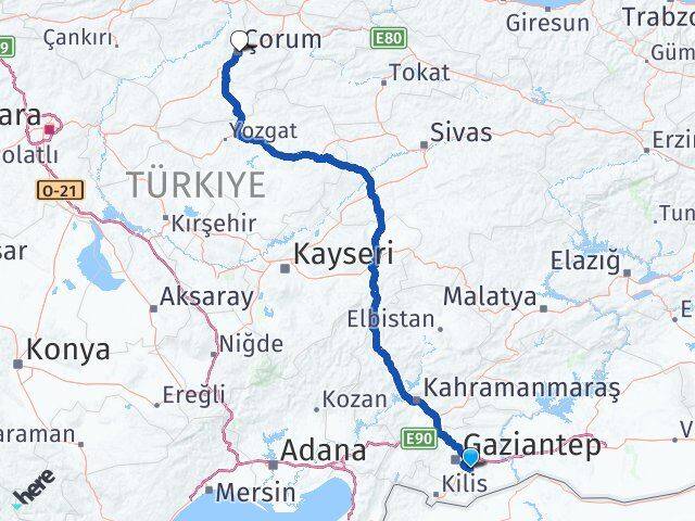 Gaziantep Oğuzeli Çorum Arası Kaç Km - Yol Haritası