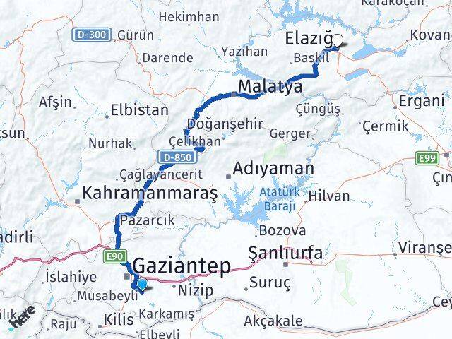 Gaziantep Oğuzeli Elazığ Arası Kaç Km - Yol Haritası