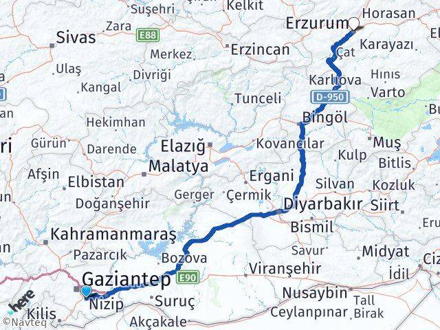 Gaziantep Oğuzeli Erzurum Arası Kaç Km - Yol Haritası