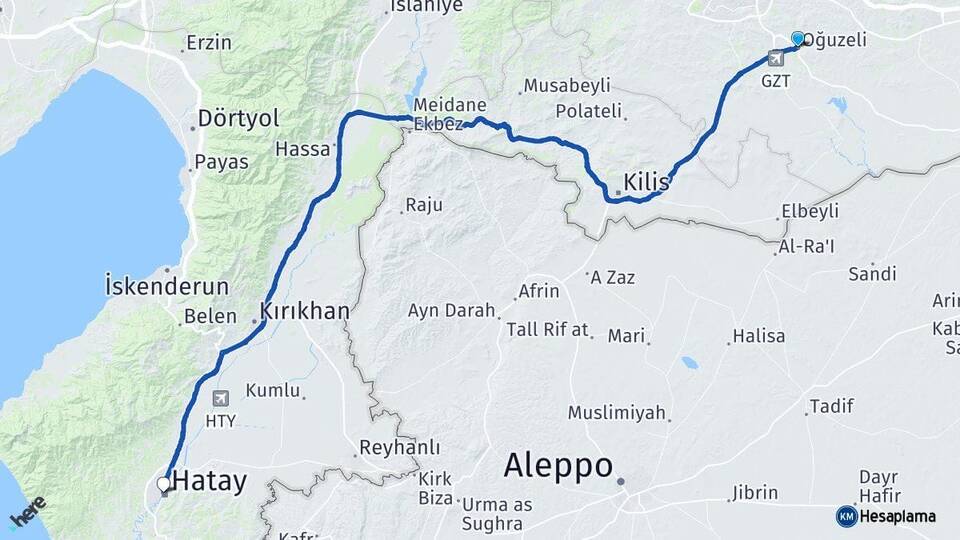 Gaziantep Oğuzeli Hatay Arası Kaç Km - Yol Haritası