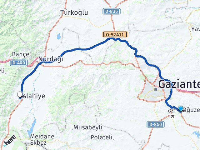 Gaziantep Oğuzeli İslahiye Arası Kaç Km - Yol Haritası