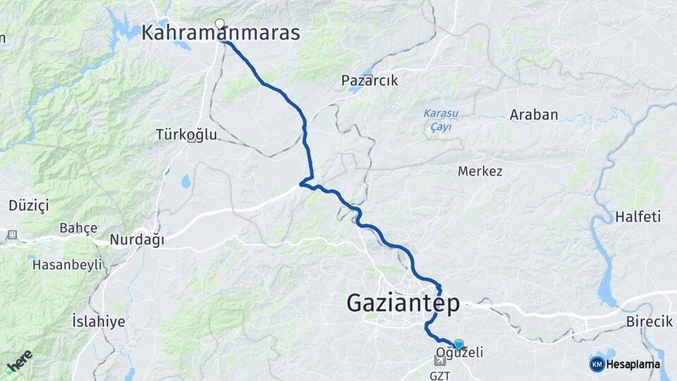 Gaziantep Oğuzeli Kahramanmaraş Arası Kaç Km - Yol Haritası