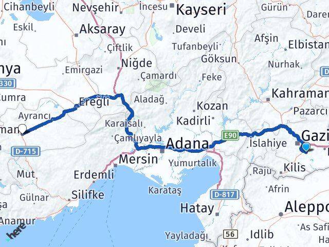 Gaziantep Oğuzeli Karaman Arası Kaç Km - Yol Haritası