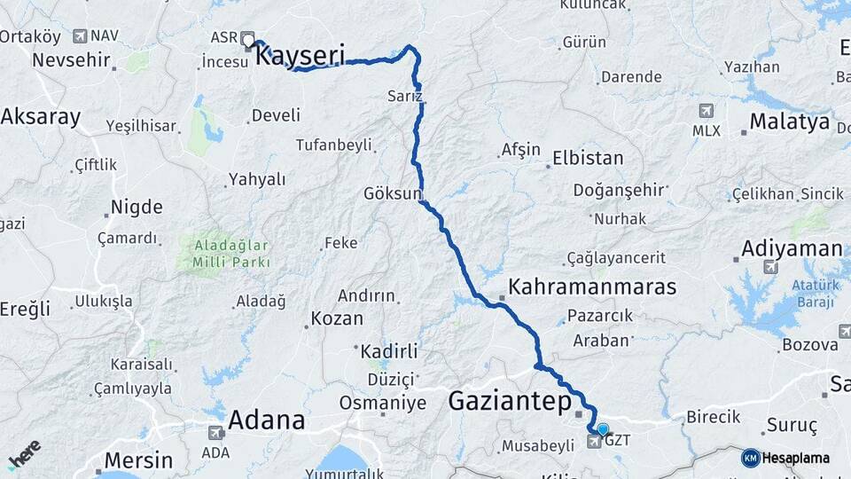 Gaziantep Oğuzeli Kayseri Arası Kaç Km - Yol Haritası